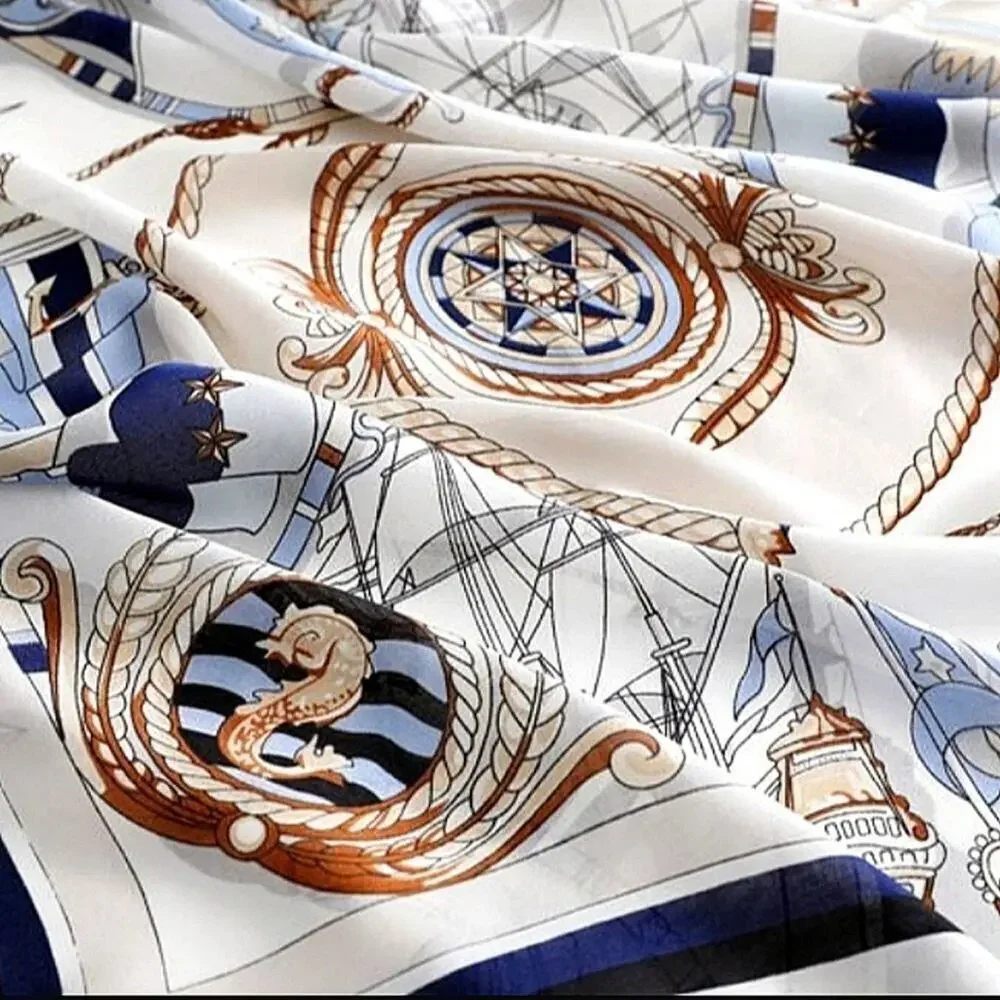 Ladies's Mulberry Silky Scarf Classic Marine Print Blue & White